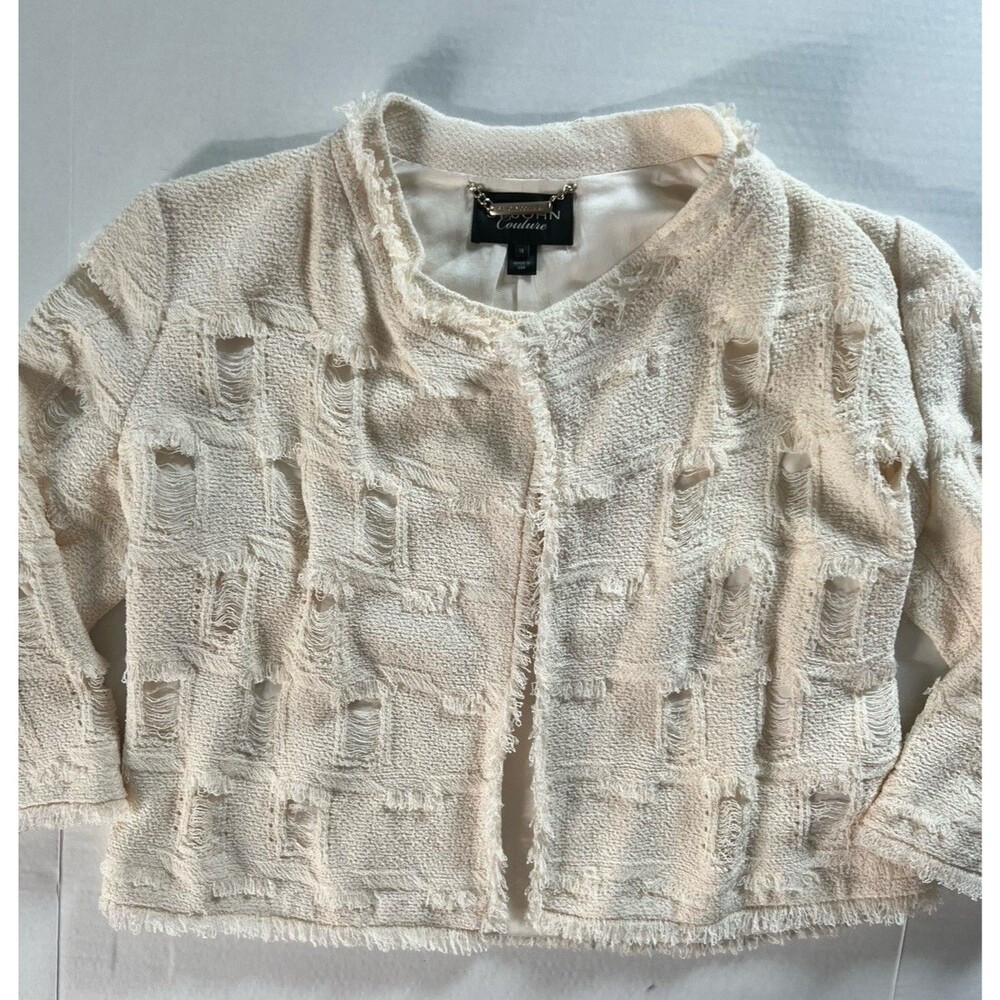 ST JOHN COUTURE blazer jacket BOUCLE FRINGE size 10 ivory cardigan 3/4 sleeve